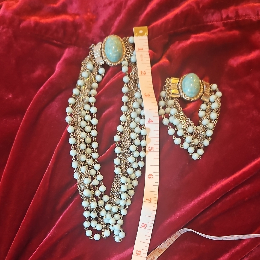 Vintage 1970s Silver-Tone Multi-Strand Blue Bead Necklace and Bracelet - Picture 2 of 3